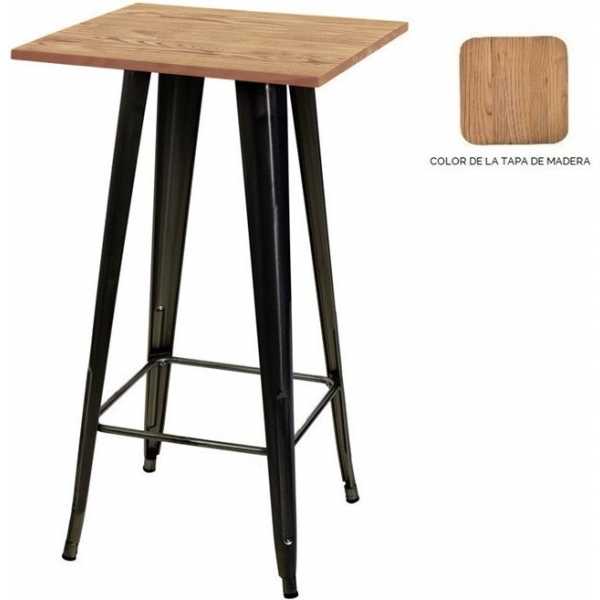mesa tol alta acero madera negra 60x60 cms